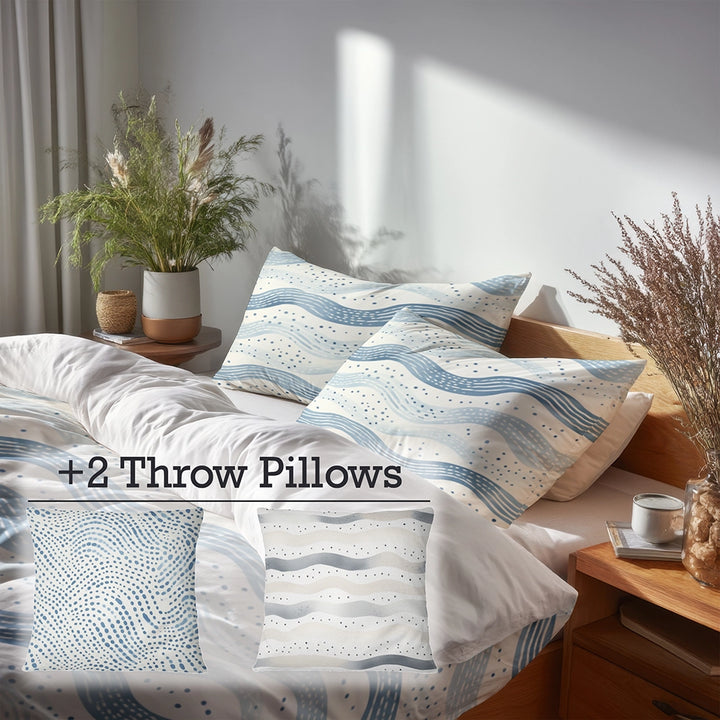 Coastal Bedding Set - Dotted Wave Coastal Duvet Cover And Cushion Set