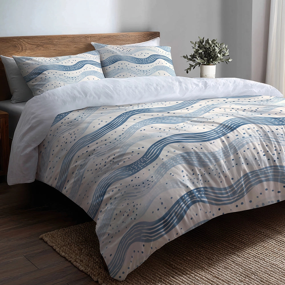 Coastal Bedding Set - Dotted Wave Coastal Duvet Cover And Cushion Set