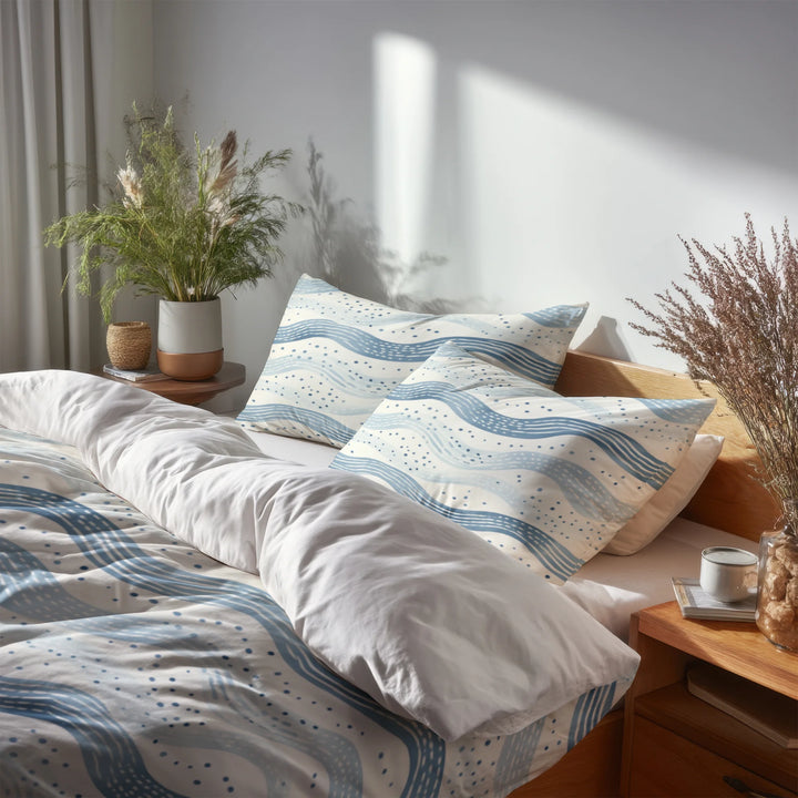 Coastal Bedding Set - Dotted Wave Coastal Duvet Cover And Cushion Set