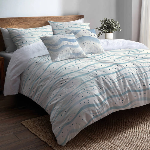 Coastal Bedding Set of 5 - Dotted Wave Bluecream Duvet Cover And Throw Pillow Set