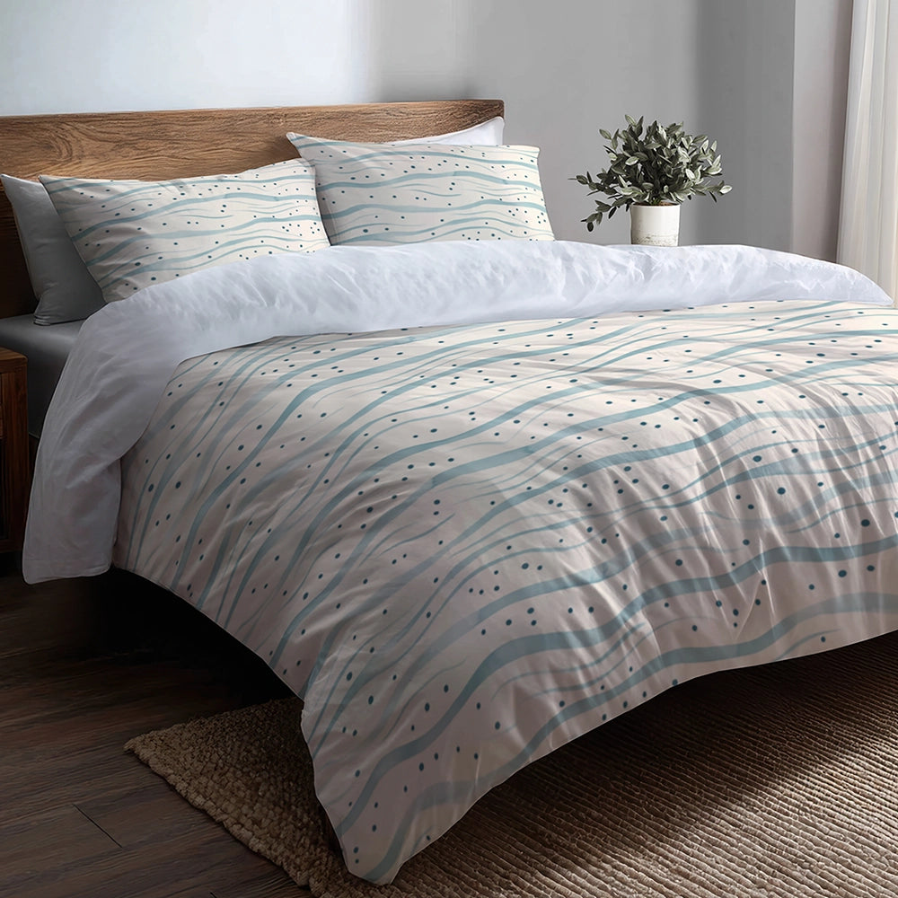 Coastal Bedding Set of 5 - Dotted Wave Bluecream Duvet Cover And Throw Pillow Set