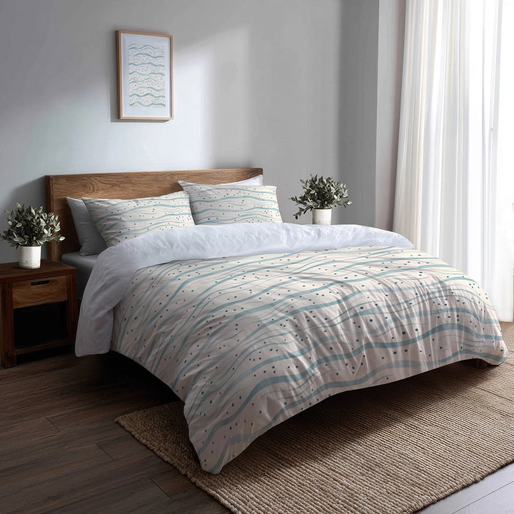 Coastal Bedding Set of 5 - Dotted Wave Bluecream Duvet Cover And Throw Pillow Set
