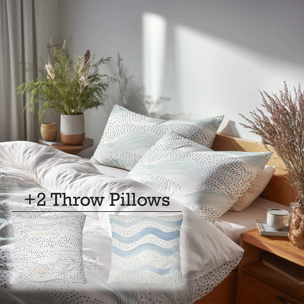 Coastal Bedding Set of 5 - Dotted Wave Bluesage Duvet Cover And Throw Cushion Set