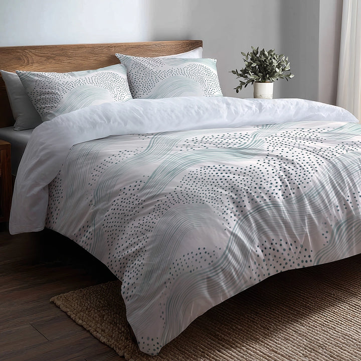 Coastal Bedding Set of 5 - Dotted Wave Bluesage Duvet Cover And Throw Cushion Set