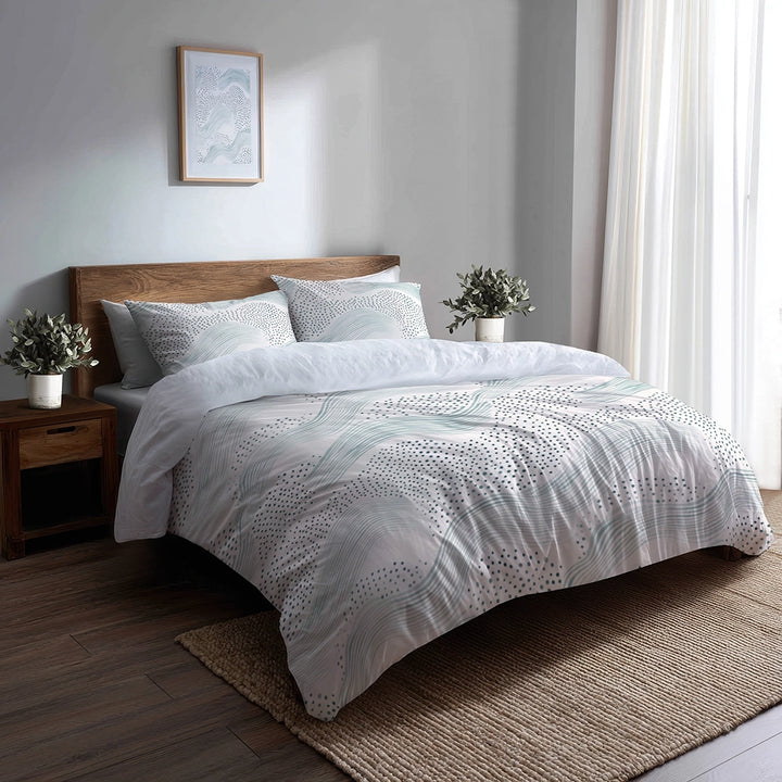 Coastal Bedding Set of 5 - Dotted Wave Bluesage Duvet Cover And Throw Cushion Set