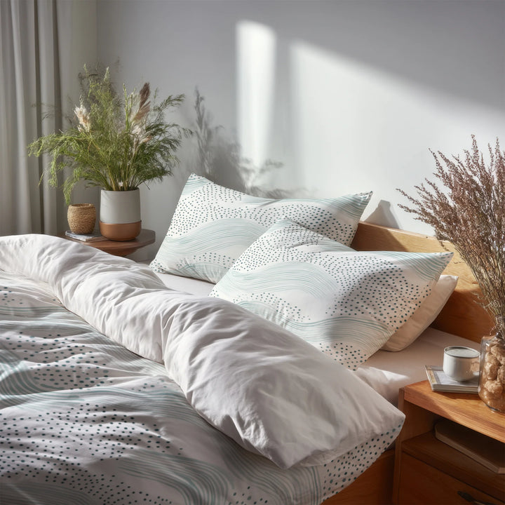 Coastal Bedding Set of 5 - Dotted Wave Bluesage Duvet Cover And Throw Cushion Set