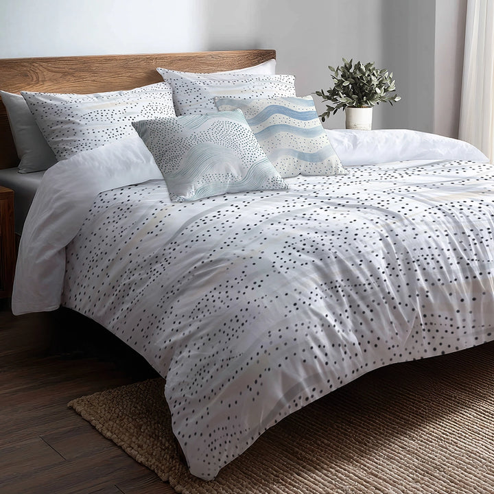 Dots Bedding Set 5 Pcs - Dotted Wave Beige Gray Duvet Cover And Throw Pillow Set