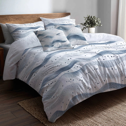 Modern Bedding Set - Dotted Wave Silver Blue Duvet Cover And Cushion Set
