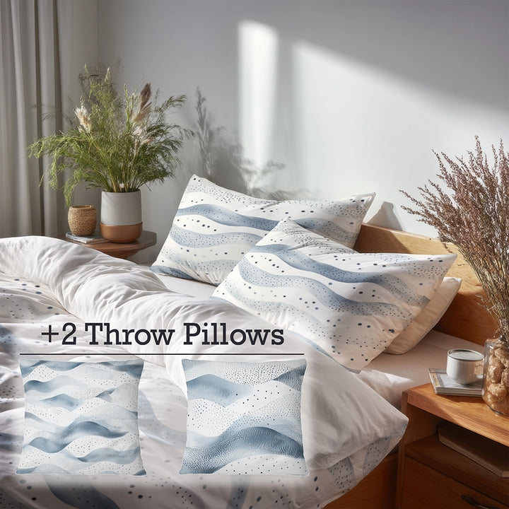 Modern Bedding Set - Dotted Wave Silver Blue Duvet Cover And Cushion Set