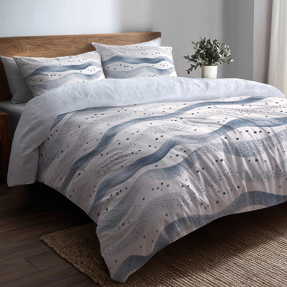 Modern Bedding Set - Dotted Wave Silver Blue Duvet Cover And Cushion Set