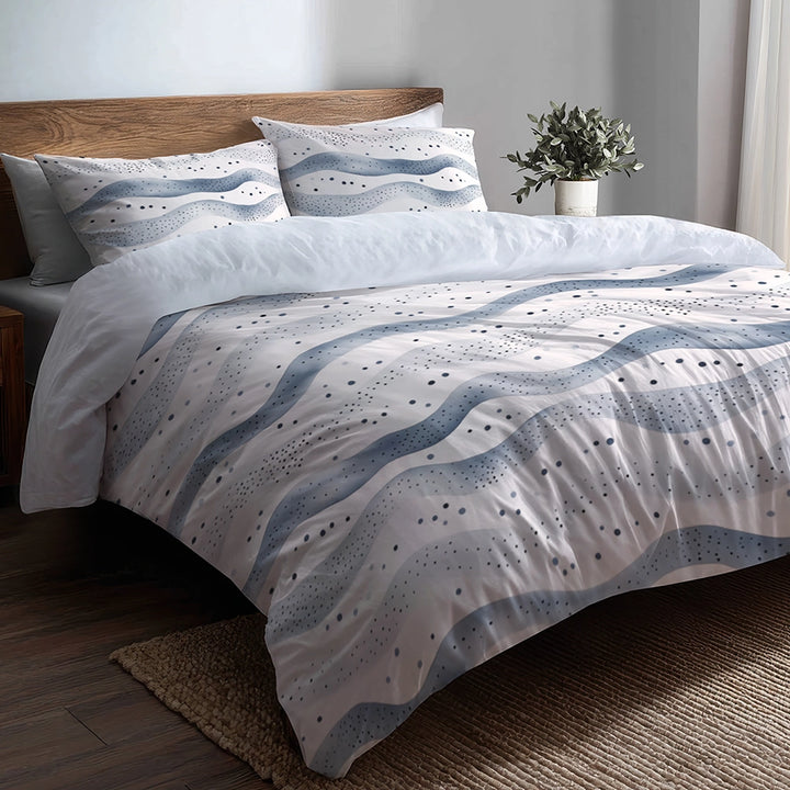Modern Bedding Set - Dotted Wave Silver Blue Duvet Cover And Cushion Set
