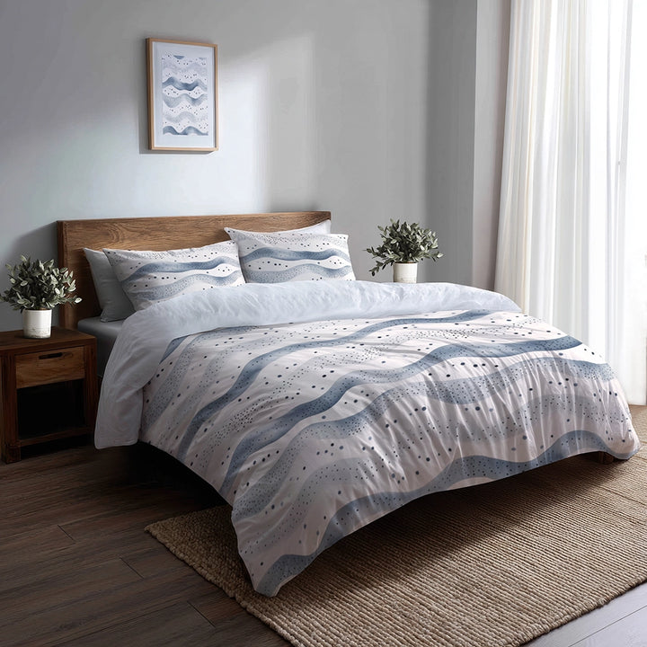 Modern Bedding Set - Dotted Wave Silver Blue Duvet Cover And Cushion Set