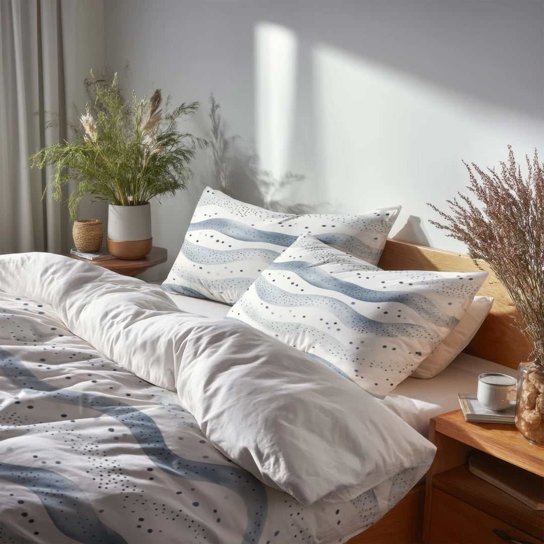 Modern Bedding Set - Dotted Wave Silver Blue Duvet Cover And Cushion Set