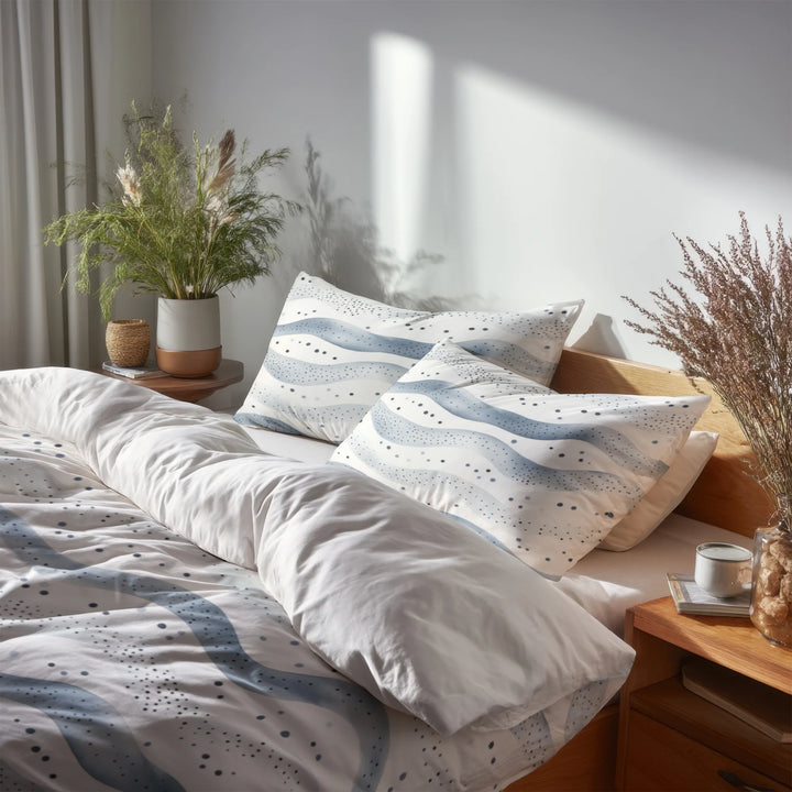 Modern Bedding Set - Dotted Wave Silver Blue Duvet Cover And Cushion Set