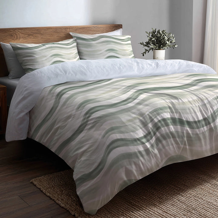 Abstract 5 Pcs Bedding Set - Wavy Line Sage Beige Duvet Cover And Pillow Set