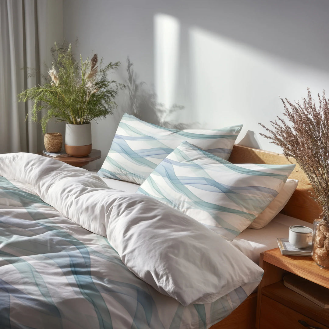 Abstract Duvet Cover Set of 5 - Wavy Line Bluesage Bedding And Throw Pillow Set