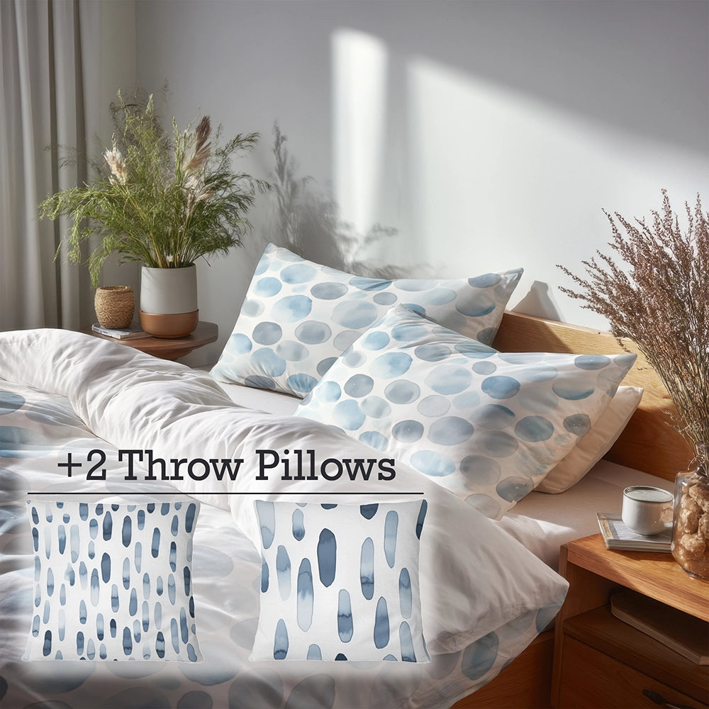 Geometric Shapes Bedding Set 5 Pcs - Circle Breeze Silver Blue Duvet Cover And Throw Pillow Set