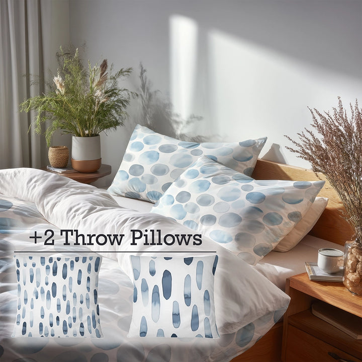 Geometric Shapes Bedding Set 5 Pcs - Circle Breeze Silver Blue Duvet Cover And Throw Pillow Set