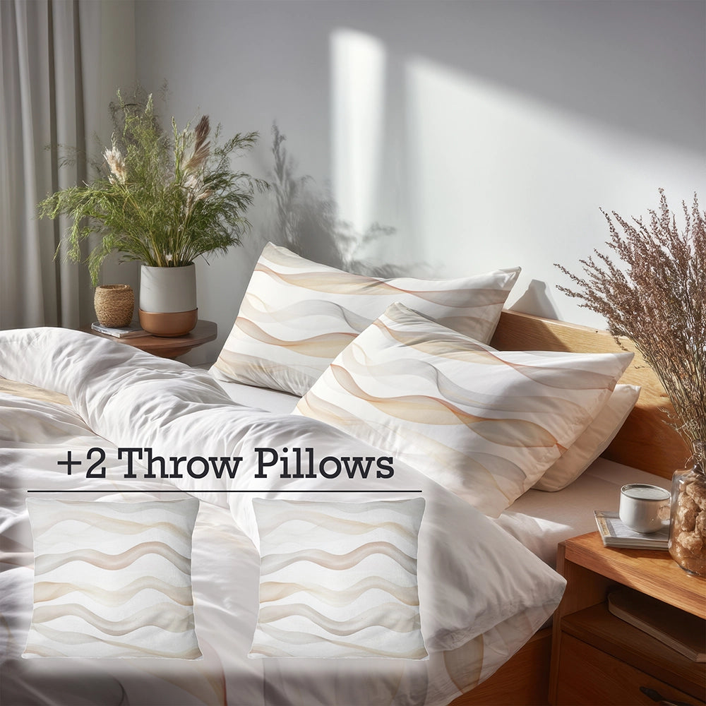 Modern Bedding Set of 5 - Neutral Waves Duvet Cover And Throw Cushion Set