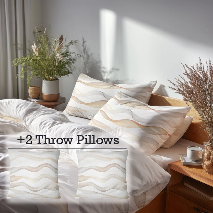 Modern Bedding Set of 5 - Neutral Waves Duvet Cover And Throw Cushion Set