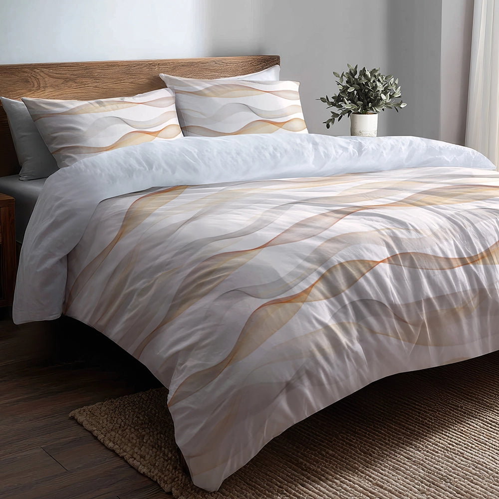Modern Bedding Set of 5 - Neutral Waves Duvet Cover And Throw Cushion Set