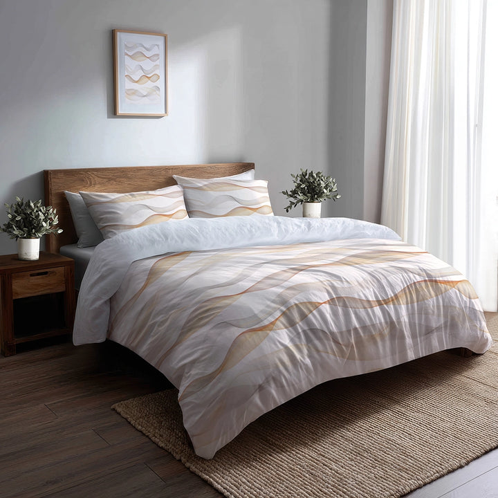 Modern Bedding Set of 5 - Neutral Waves Duvet Cover And Throw Cushion Set