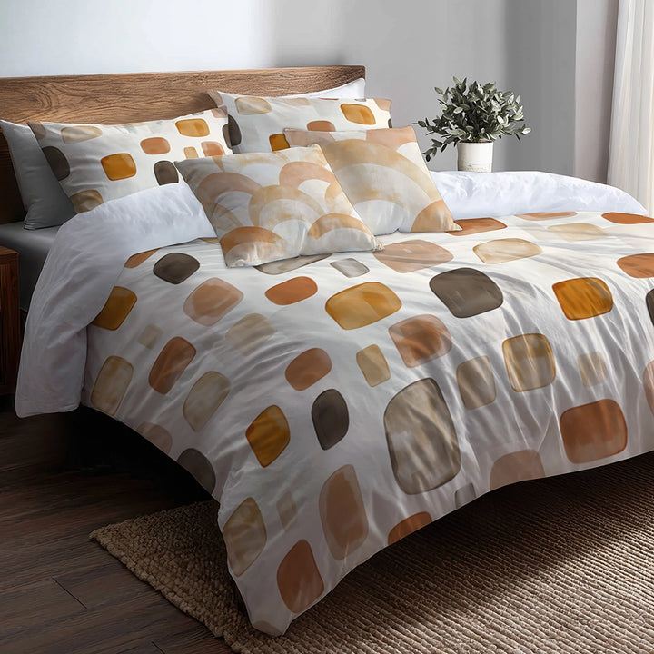 Country / Farmhouse Bedding Set of 5 - Earthy Shapes Duvet Cover And Throw Cushion Set