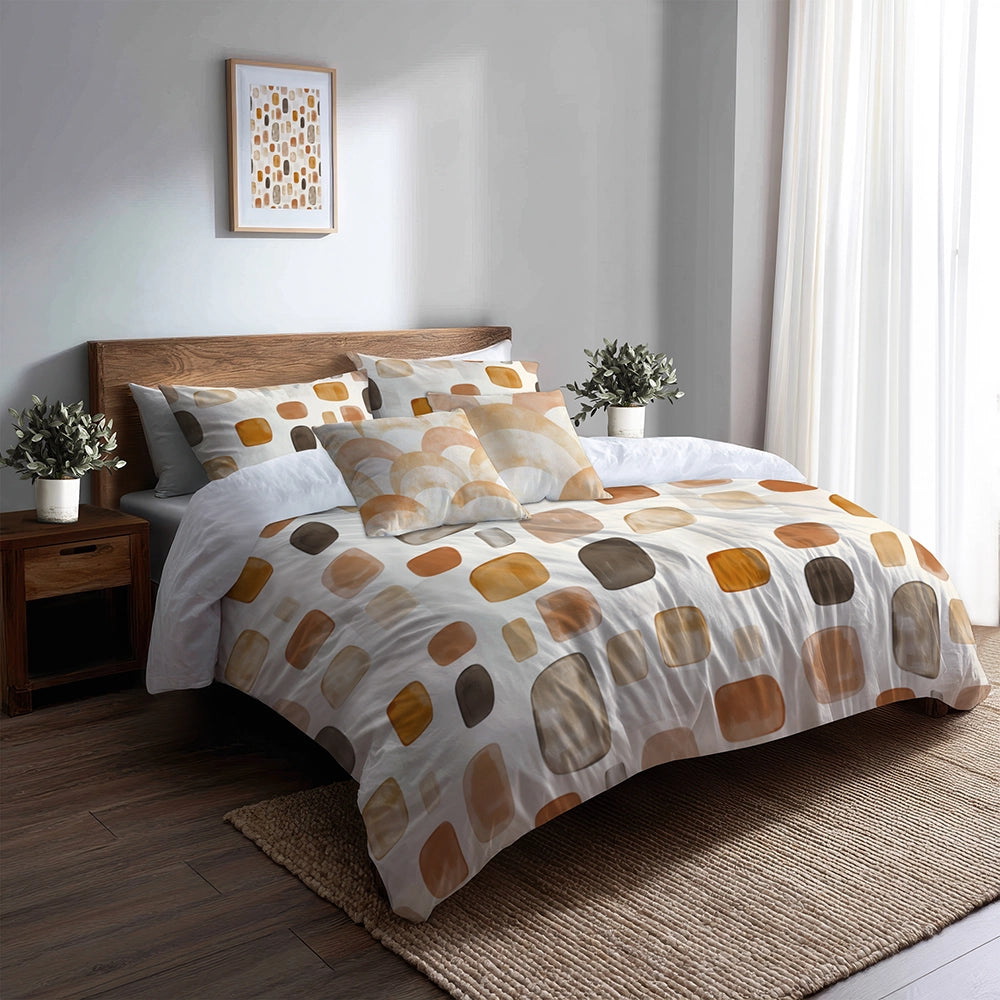 Country / Farmhouse Bedding Set of 5 - Earthy Shapes Duvet Cover And Throw Cushion Set