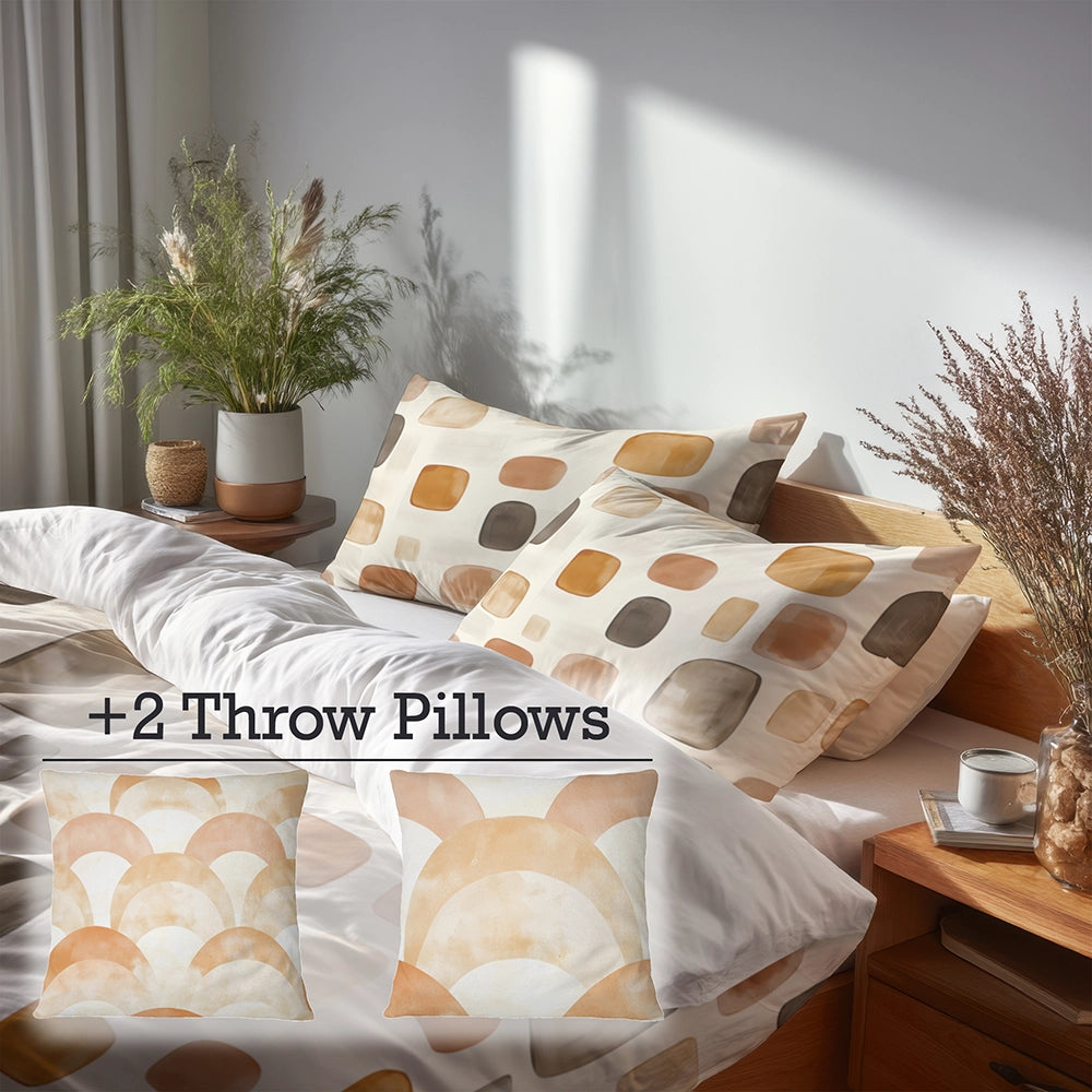 Country / Farmhouse Bedding Set of 5 - Earthy Shapes Duvet Cover And Throw Cushion Set