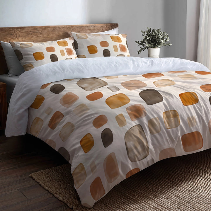 Country / Farmhouse Bedding Set of 5 - Earthy Shapes Duvet Cover And Throw Cushion Set