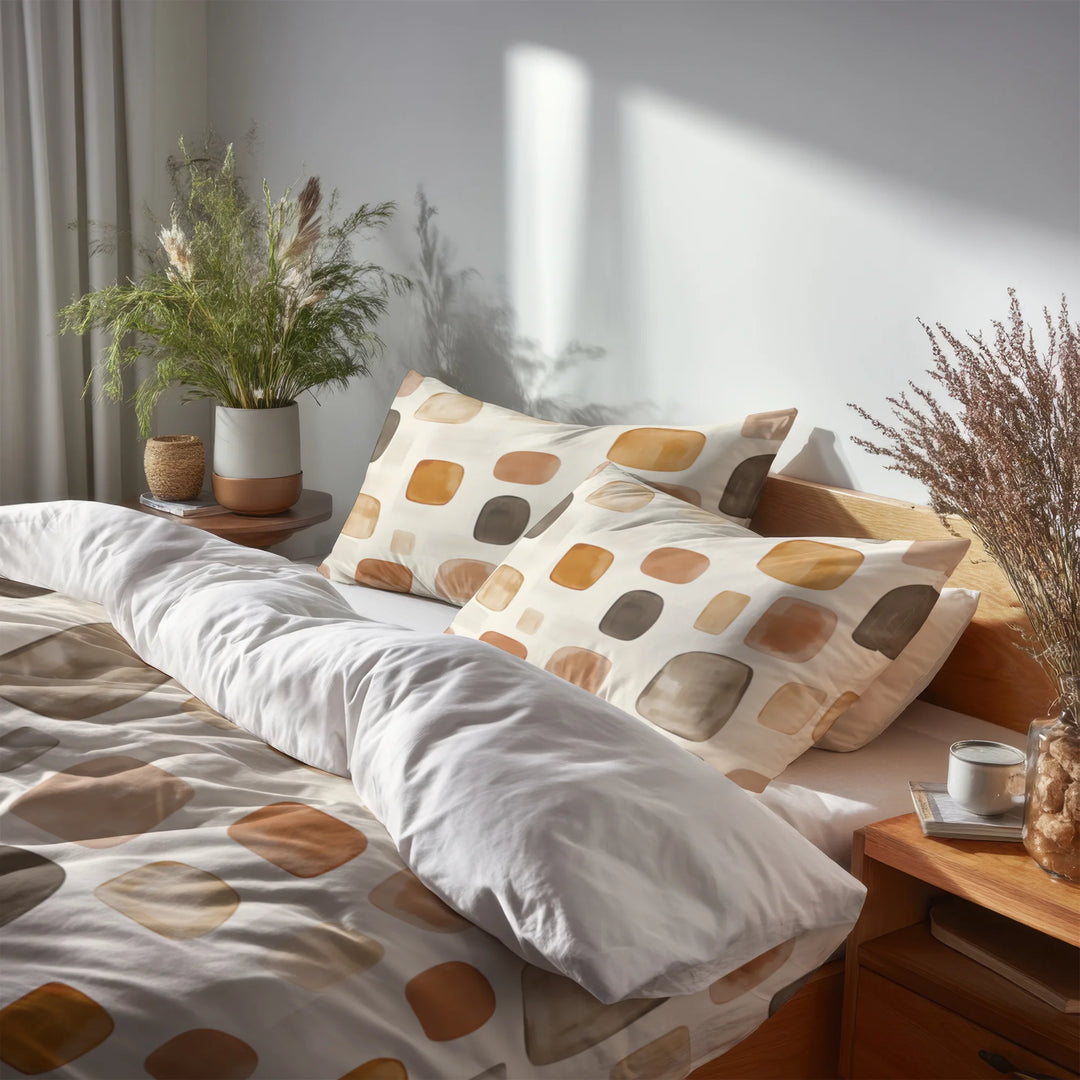 Country / Farmhouse Bedding Set of 5 - Earthy Shapes Duvet Cover And Throw Cushion Set