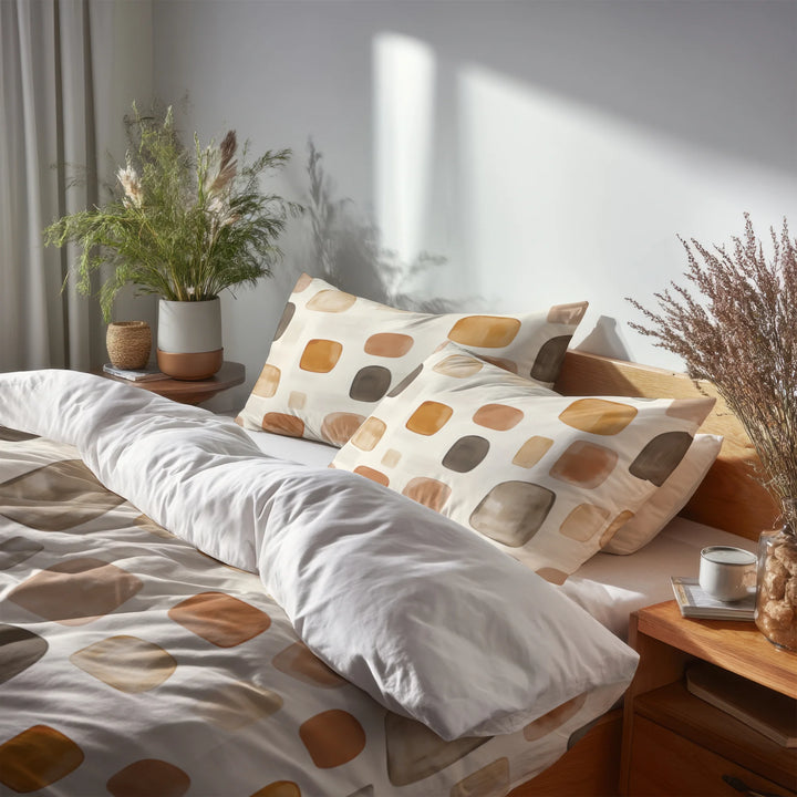 Country / Farmhouse Bedding Set of 5 - Earthy Shapes Duvet Cover And Throw Cushion Set