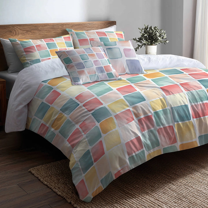 Geometric Bedding Set 5 Pcs - Candy Blocks Duvet Cover And Throw Pillow Set