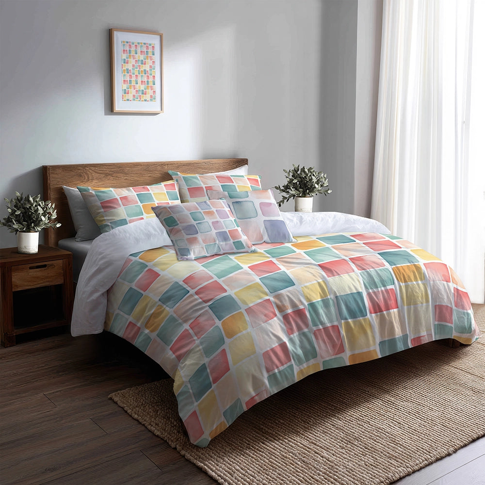 Geometric Bedding Set 5 Pcs - Candy Blocks Duvet Cover And Throw Pillow Set