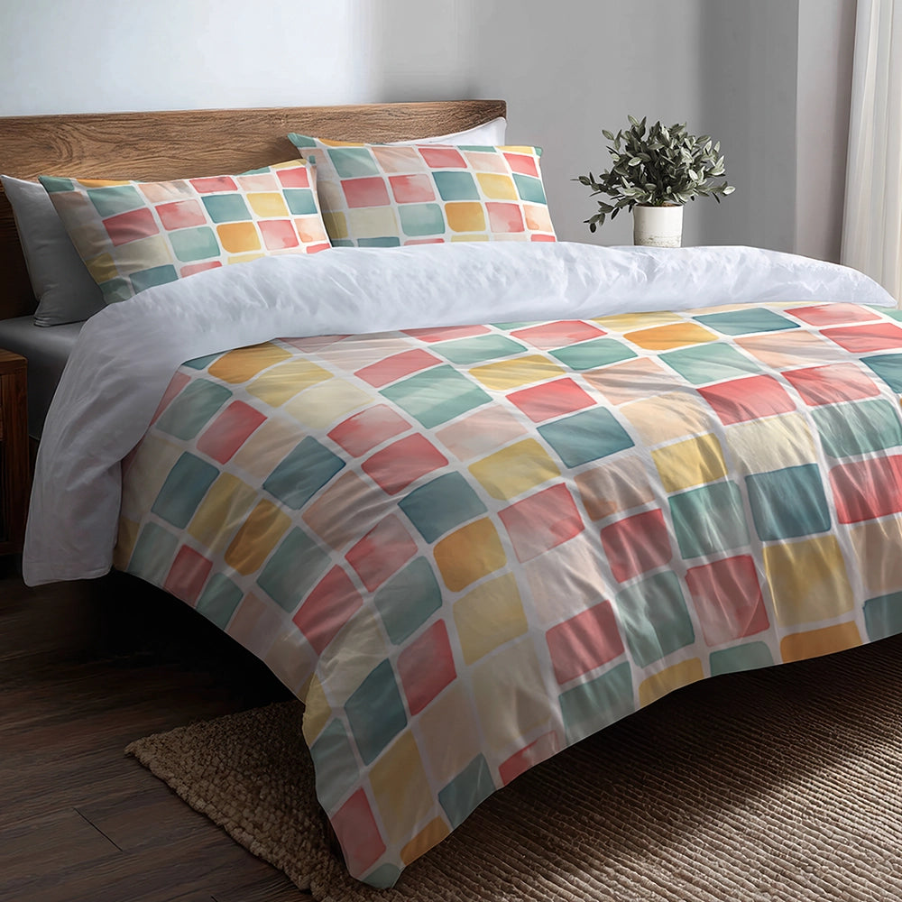 Geometric Bedding Set 5 Pcs - Candy Blocks Duvet Cover And Throw Pillow Set