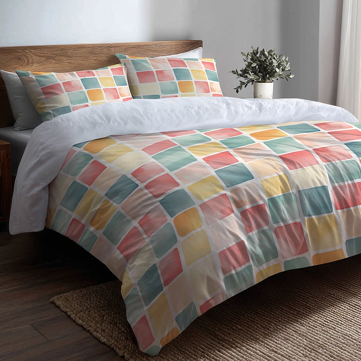 Geometric Bedding Set 5 Pcs - Candy Blocks Duvet Cover And Throw Pillow Set