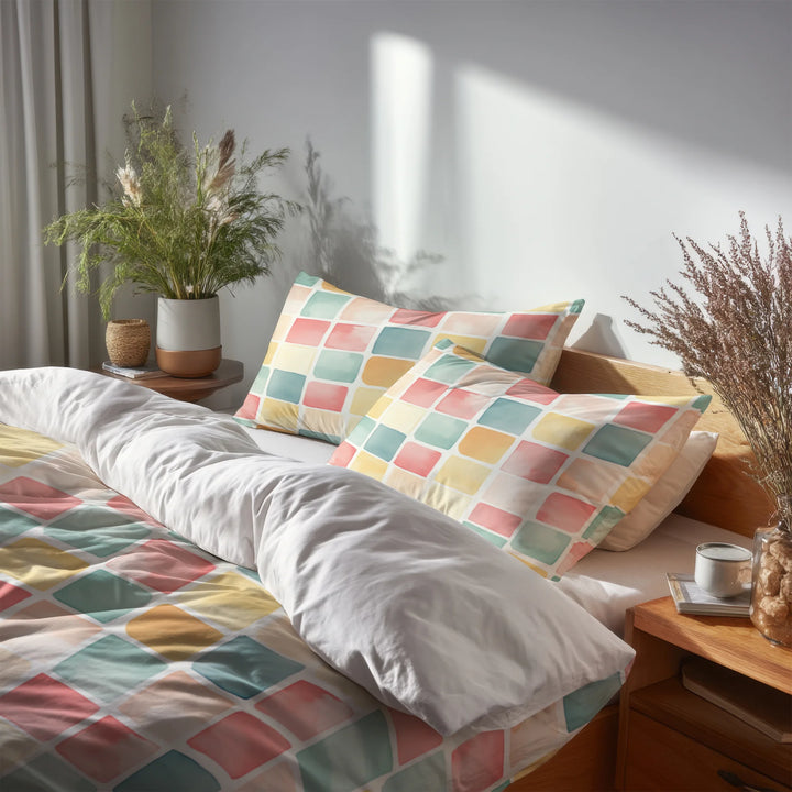 Geometric Bedding Set 5 Pcs - Candy Blocks Duvet Cover And Throw Pillow Set