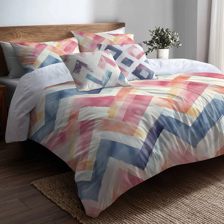 Chevron Duvet Cover Set of 5 - Soft Zigzags Bedding And Throw Pillow Set
