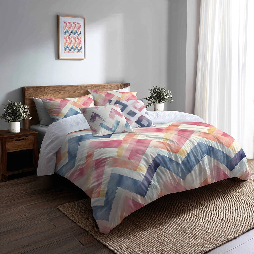 Chevron Duvet Cover Set of 5 - Soft Zigzags Bedding And Throw Pillow Set