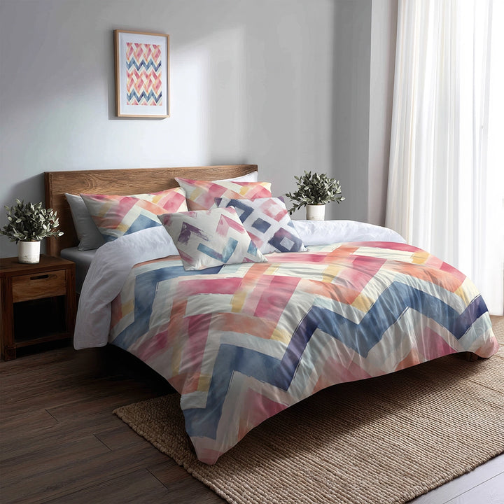 Chevron Duvet Cover Set of 5 - Soft Zigzags Bedding And Throw Pillow Set