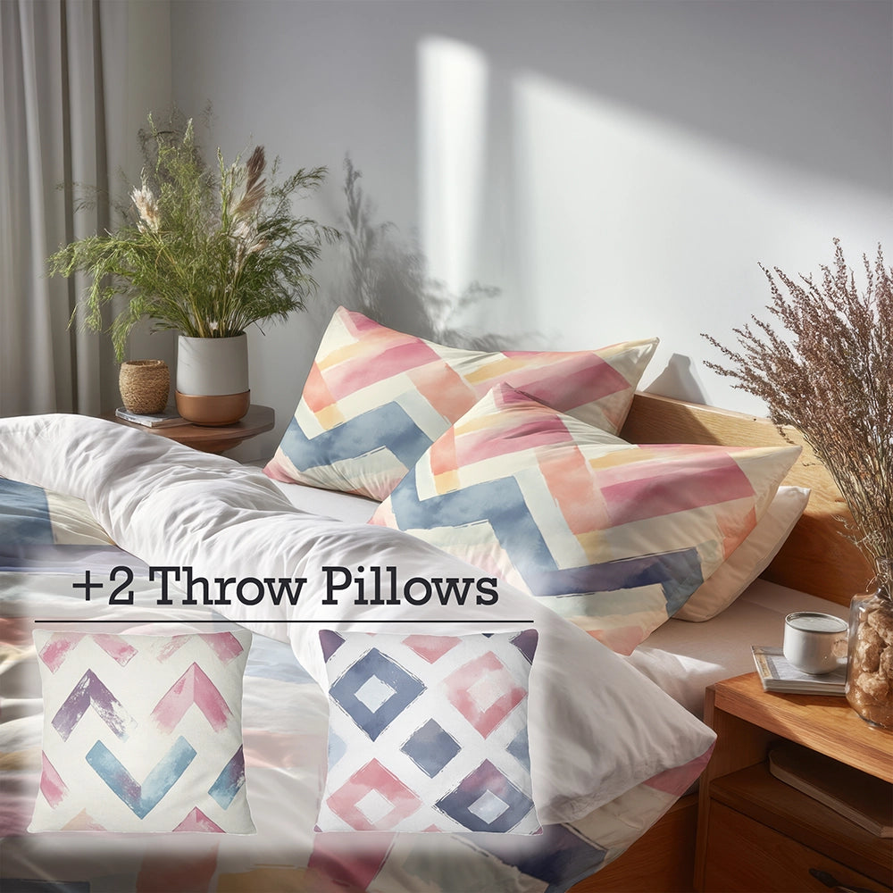 Chevron Duvet Cover Set of 5 - Soft Zigzags Bedding And Throw Pillow Set