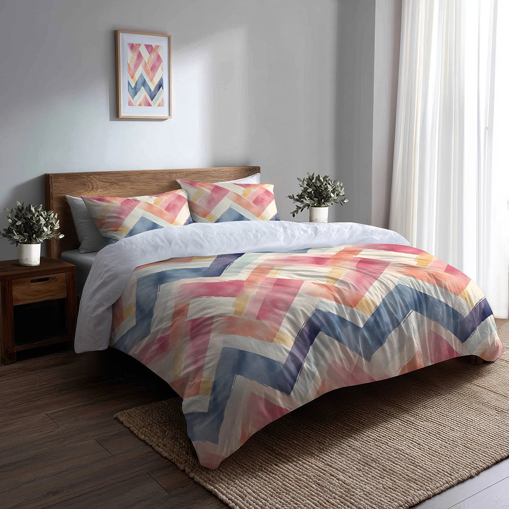 Chevron Duvet Cover Set of 5 - Soft Zigzags Bedding And Throw Pillow Set