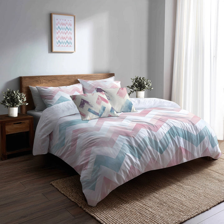 Chevron Bedding Set 5 Pcs - Soft Zigzags Duvet Cover And Throw Pillow Set