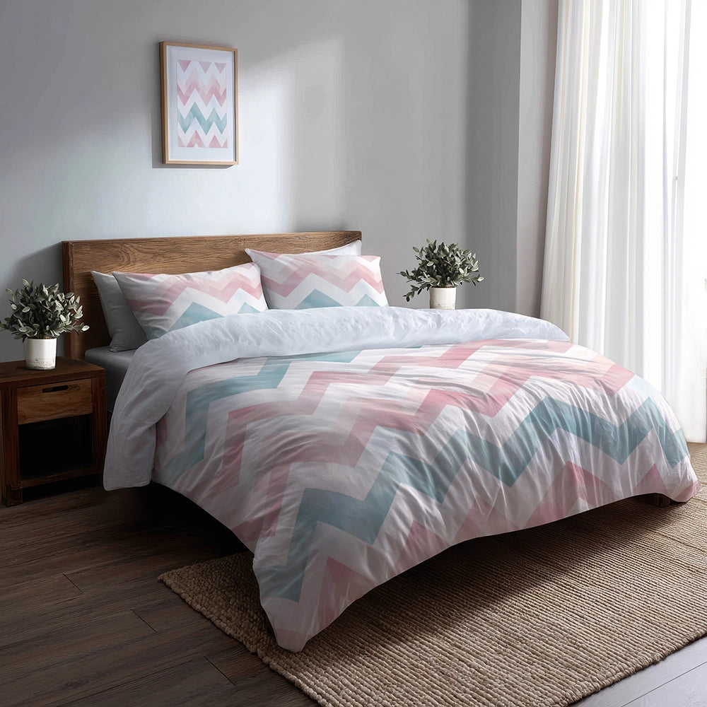 Chevron Bedding Set 5 Pcs - Soft Zigzags Duvet Cover And Throw Pillow Set