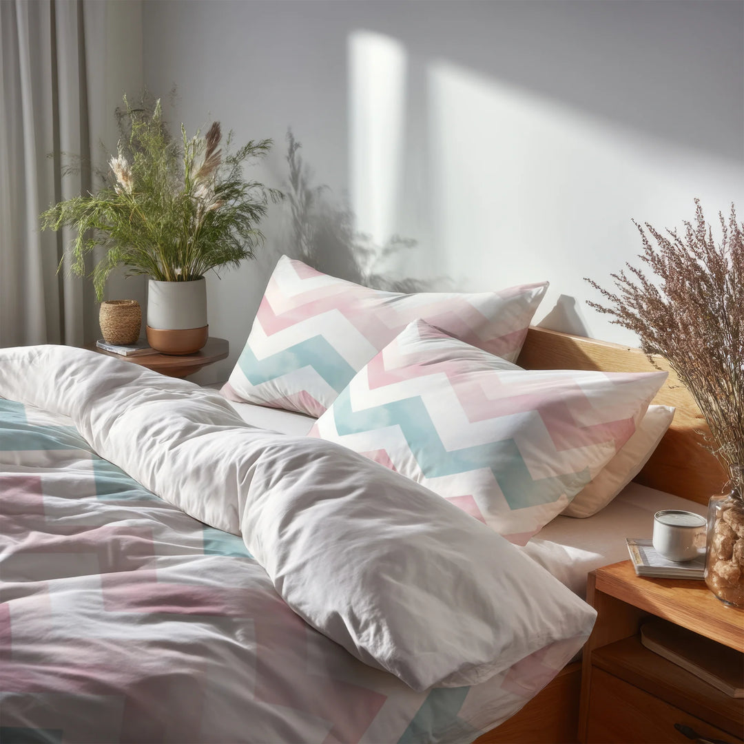 Chevron Bedding Set 5 Pcs - Soft Zigzags Duvet Cover And Throw Pillow Set