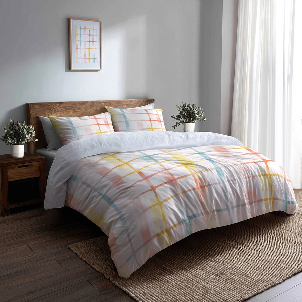 Modern Bedding Set of 5 - Kinder Grids Duvet Cover And Throw Cushion Set