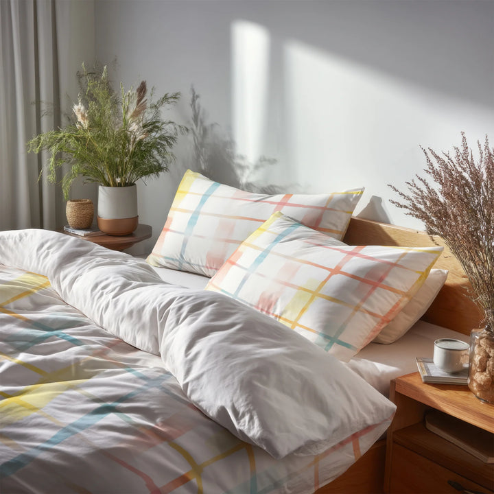 Modern Bedding Set of 5 - Kinder Grids Duvet Cover And Throw Cushion Set