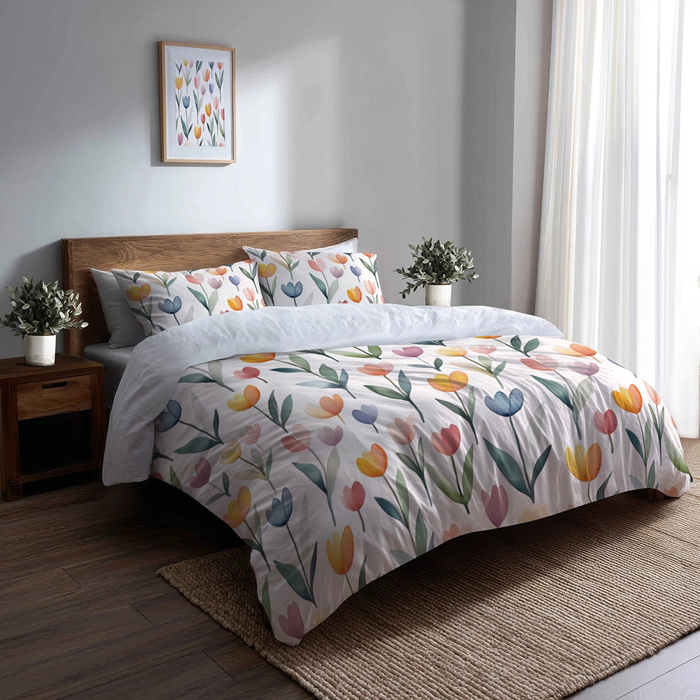 French Country Bedding Set of 3 - Tiny Tulips Duvet Cover with Shams