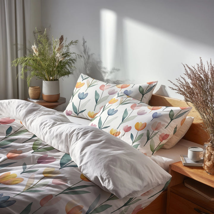 French Country Bedding Set of 3 - Tiny Tulips Duvet Cover with Shams