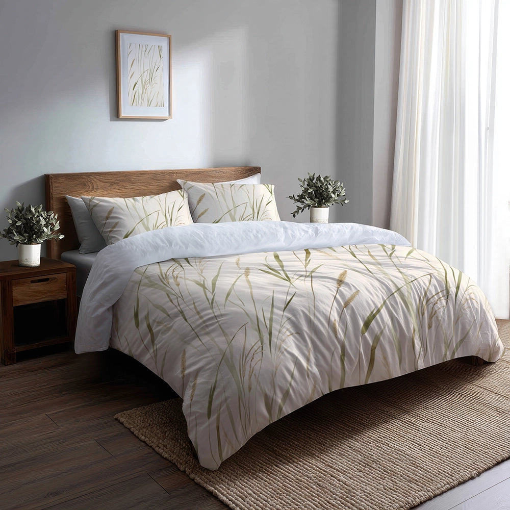 Floral Bedding Set 5 Pcs - Beach Grass Duvet Cover And Throw Pillow Set
